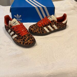 adidas Leopard Print Sneakers with White Stripes and Red Laces